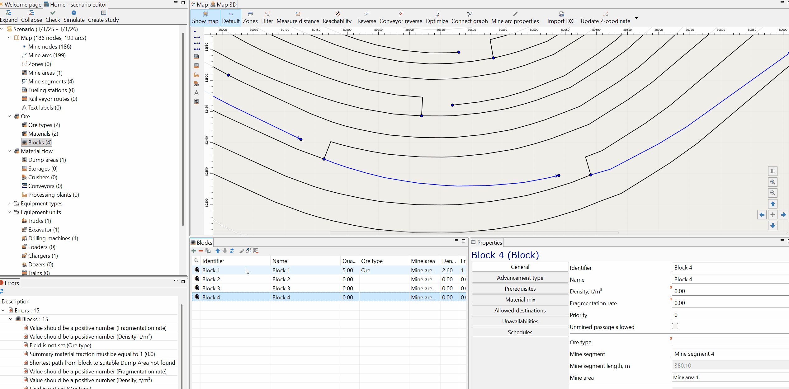 The user navigates through different block properties on a mining map interface, updating details such as ore quantity, density, and fragmentation rate sequentially for each block.