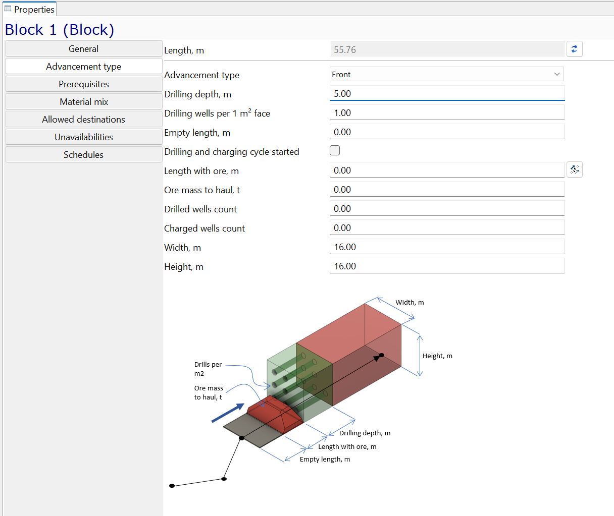 A block properties interface with dimensions, drilling details, and schematic diagram for advancement type "Front".