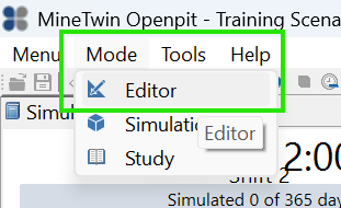 Dropdown menu from "Mode" with options: "Editor" and "Simulation Study," under the "MineTwin Openpit" application.