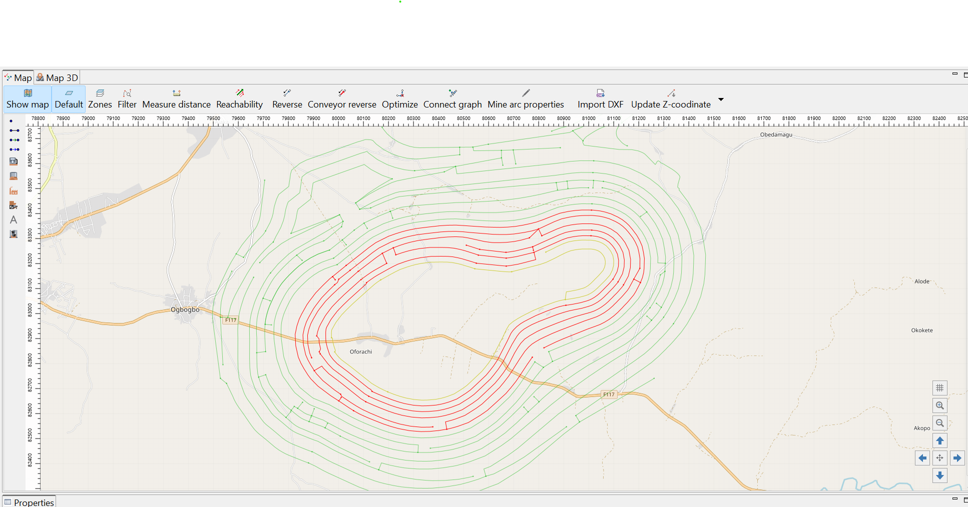 Contour map with red and green lines, towns labeled, toolbar at top, and navigation tools on the right.
