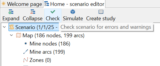 Screenshot of a scenario editor with expandable options for nodes, arcs, and zones; "Check" is highlighted with a tooltip.