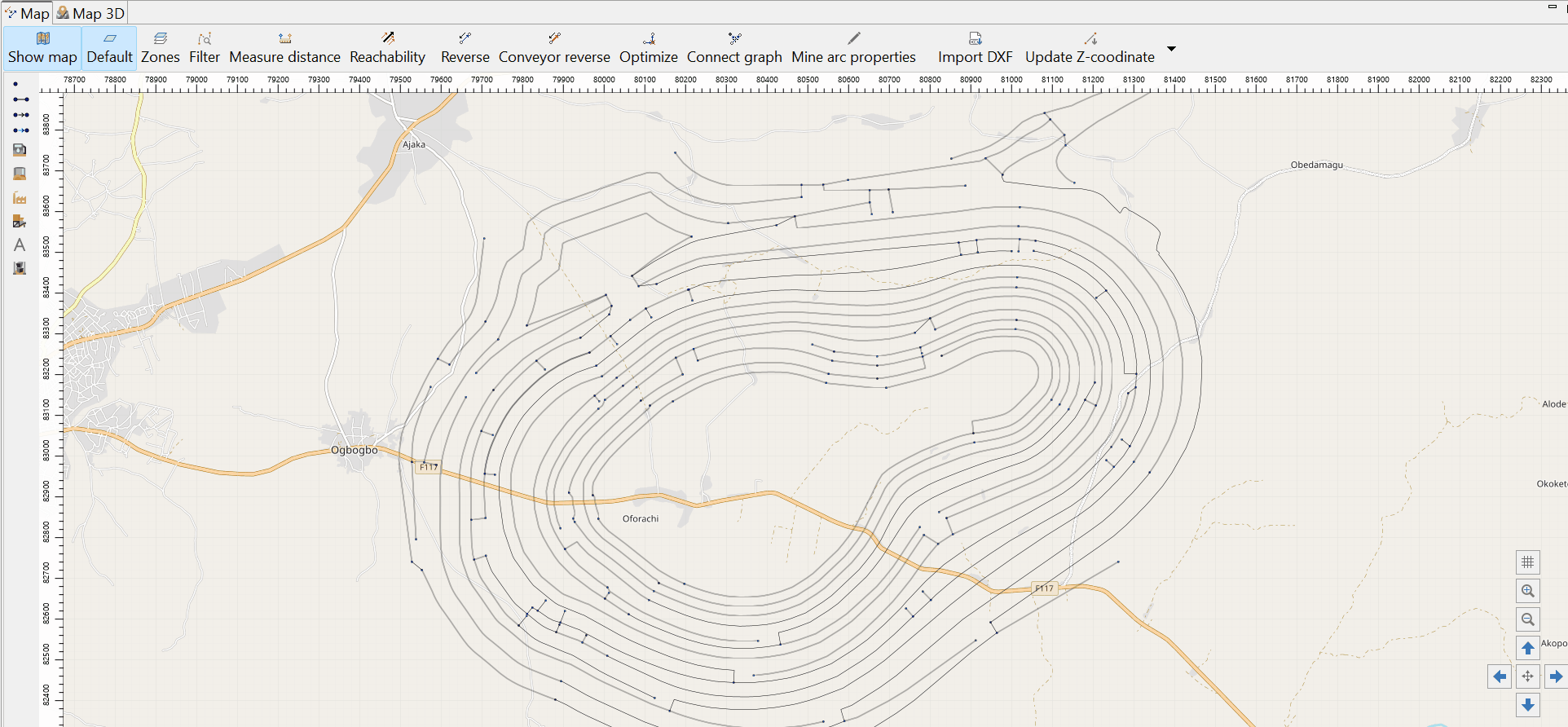 The animation transitions from a detailed close-up of contour lines on a map to a broader view of the region, and back to a colorful representation of the contours indicating different elevations.