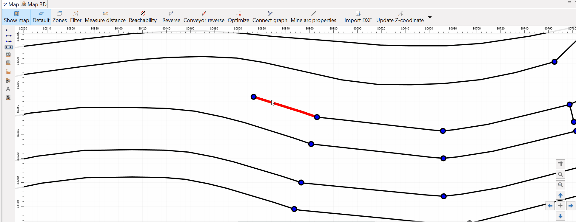 A red arrow shifts to point between two blue nodes on black lines on a grid background.