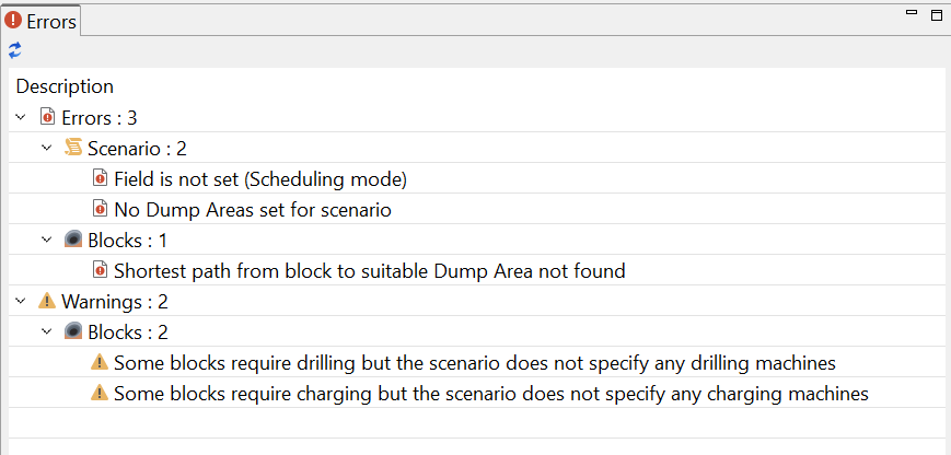 Error log with 3 errors and 2 warnings related to scenarios and blocks configuration issues.
