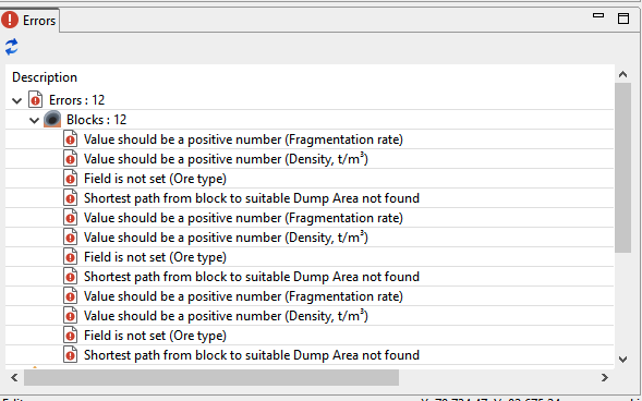 Error list window showing 12 block errors including missing values and path not found issues.