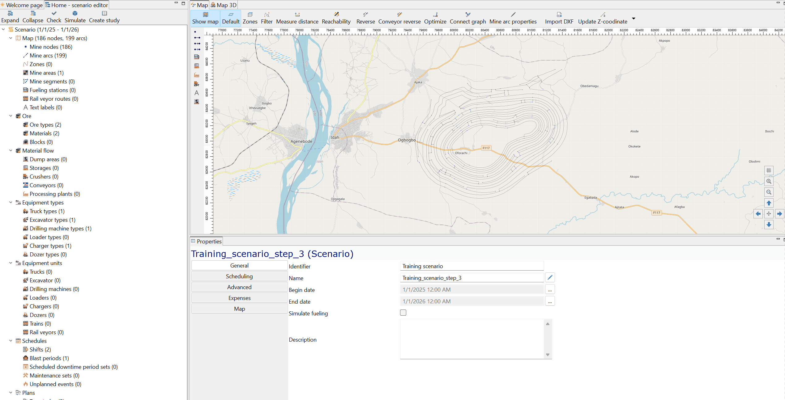 A map-based software interface shows a sequence of frames where different mining arc properties and sections are being selected and displayed, including a detailed view of road segments with specific attributes.