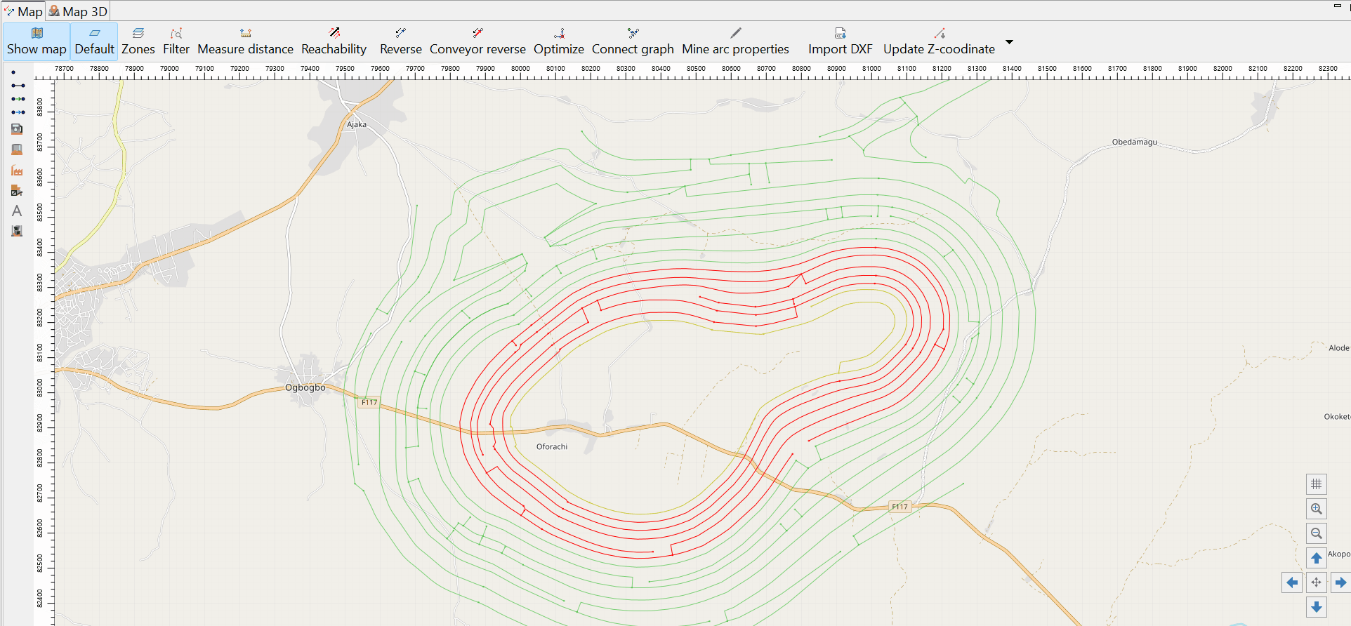 A series of map diagrams zooms in and out, highlighting alternating patterns of contour lines in green and red, with a yellow line occasionally intersecting the contours, indicating topographical changes.