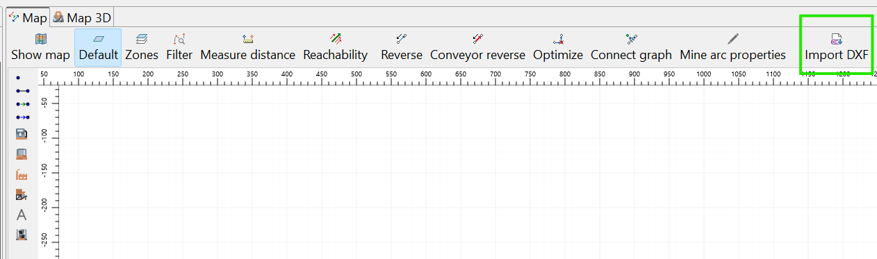 Map interface with toolbar options like Show map, Import DXF, and grid view for mapping and spatial analysis.