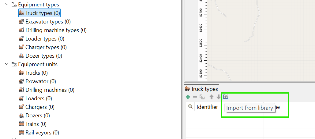 Equipment management UI showing hierarchical tree and \"Import from library\" tooltip under Truck types.