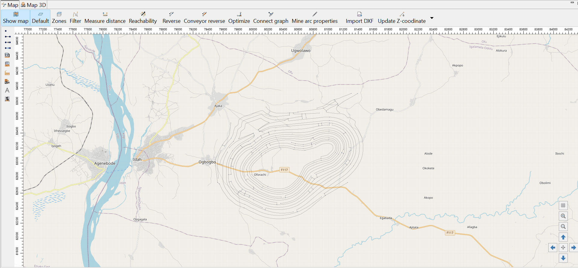 The animation shows a map interface zooming in from a wide view of a geographic area to a detailed view focusing on contour lines and roads.