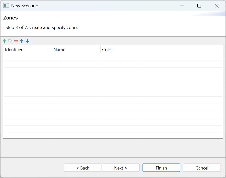 Zones setup wizard, step 3 of 7, with table for Identifier, Name, and Color. Back, Next, Finish, Cancel buttons available.