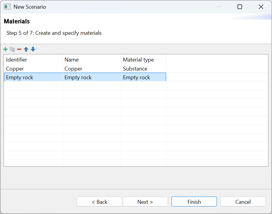 Materials setup screen, step 5 of 7, lists "Copper" and "Empty rock" with identifiers, names, and material types.