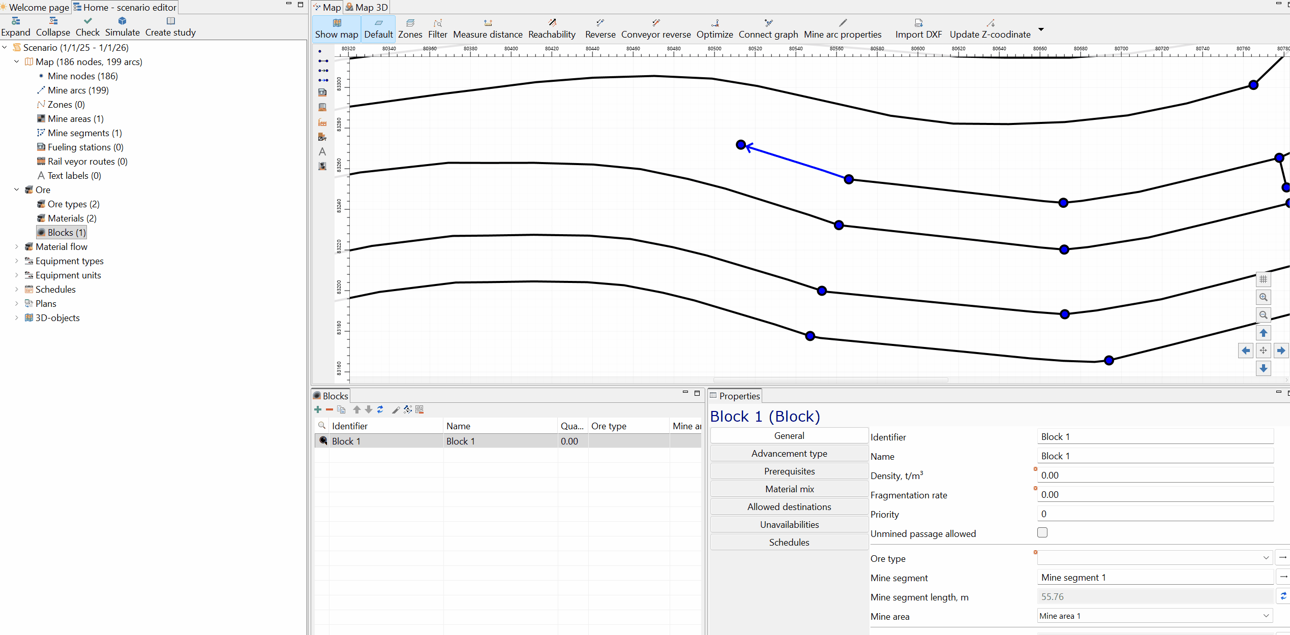 The animation shows a user updating the material composition in a mining simulation, changing the fractions of copper and empty rock within a properties panel and a dialog box.