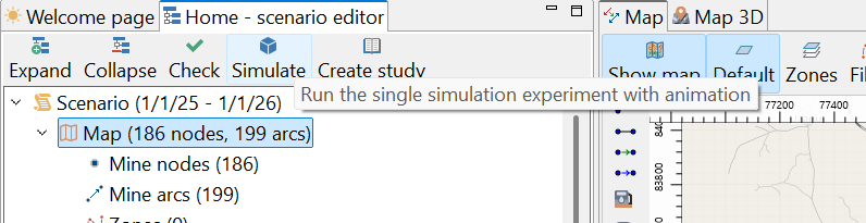 Scenario editor interface with simulation options, map details, nodes, and arcs displayed.