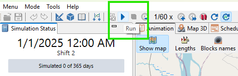 A software interface showing a simulation toolbar with a highlighted "Run" button and date display of January 1, 2025.