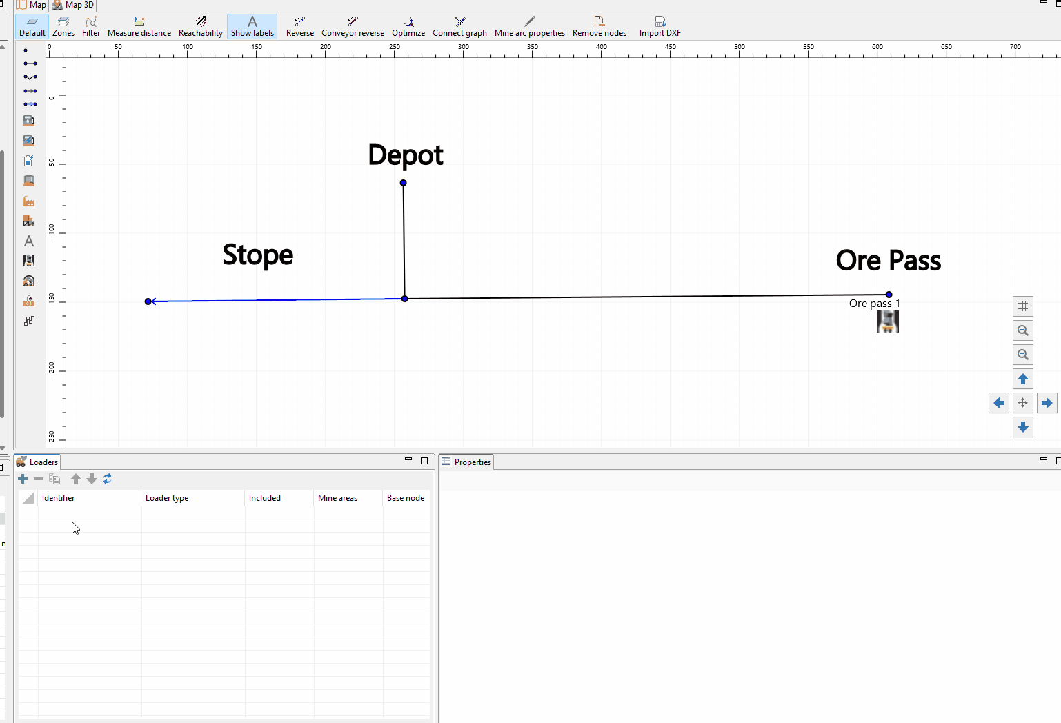 A loader is created in a stoping area, with properties set and a specific type selected from a list.