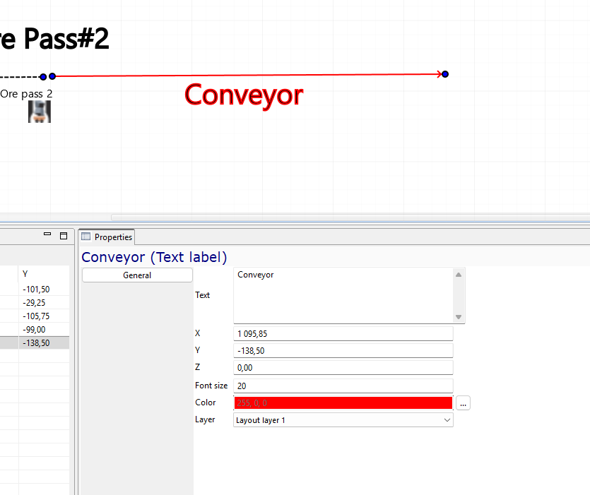 Interface displaying conveyor text label properties with position, font size, and color settings in a design application.