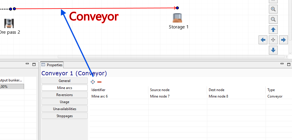 Diagram showing a conveyor connection between \"Ore pass 2\" and \"Storage 1\" with properties pane for \"Conveyor 1.\"