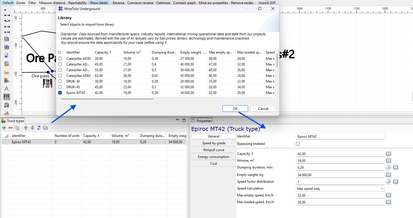 Library selection and properties window for Epiroc MT42 truck type with capacity and speed details shown.
