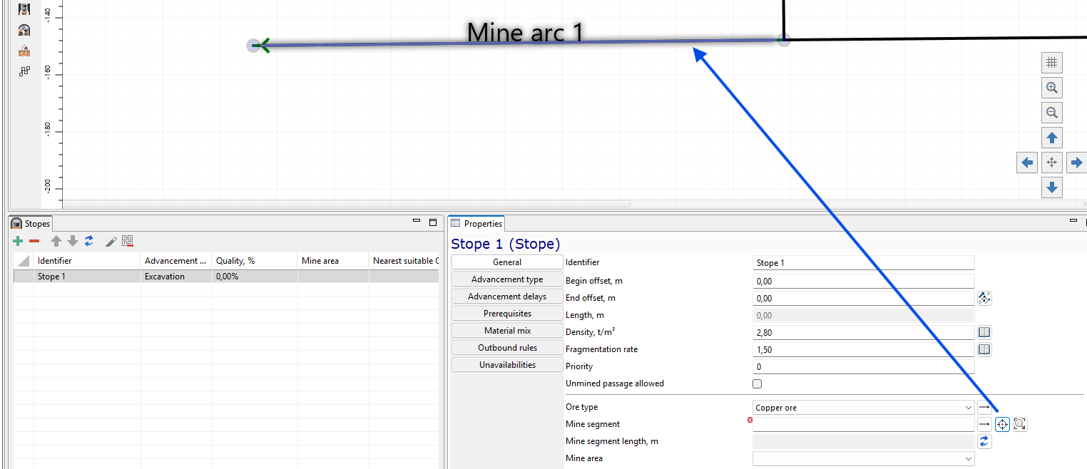 Graphical interface showing mine plan with "Stope 1" properties, including geometric and material parameters.