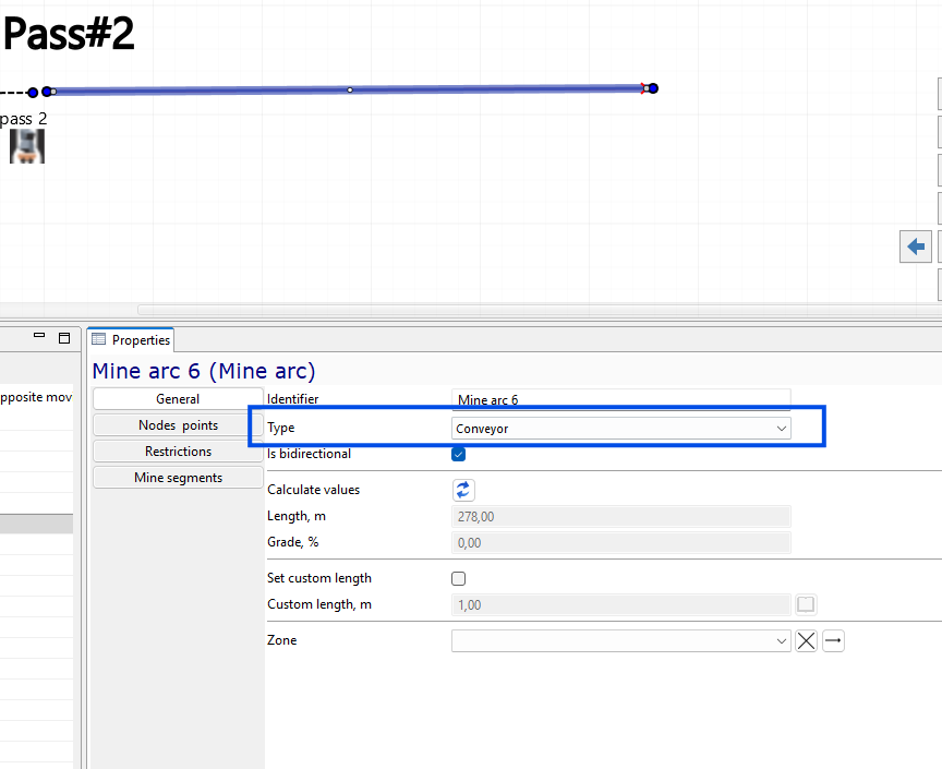 Properties panel shows "Mine arc 6" details: Type as Conveyor, bidirectional, length 278m, grade 0%.