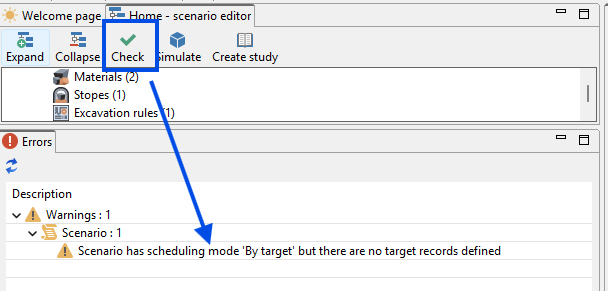 Interface showing a \"Check\" button highlighted with a blue arrow pointing to a warning about missing target records in a scenario.