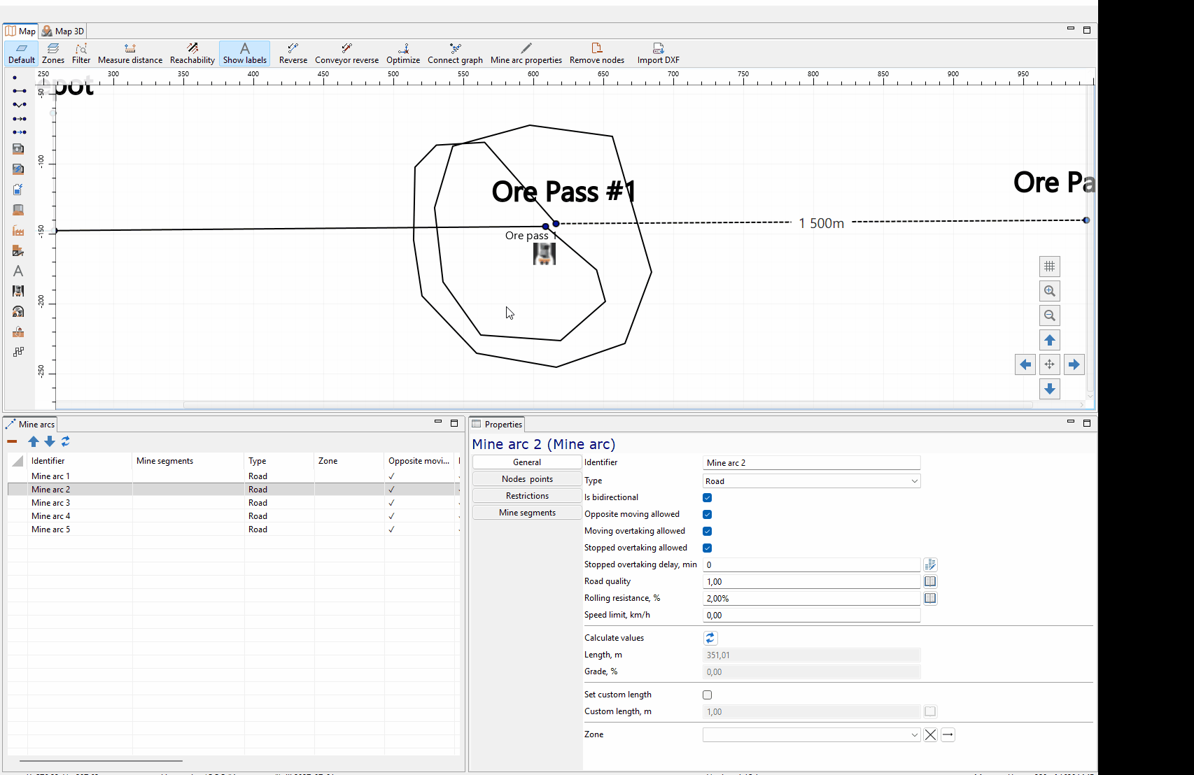 The animation shows a transition from a top-down view of a mine map to a 3D perspective view, focusing on an ore pass labeled "Ore Pass #1," with adjustments made in the properties pane reflecting changes.