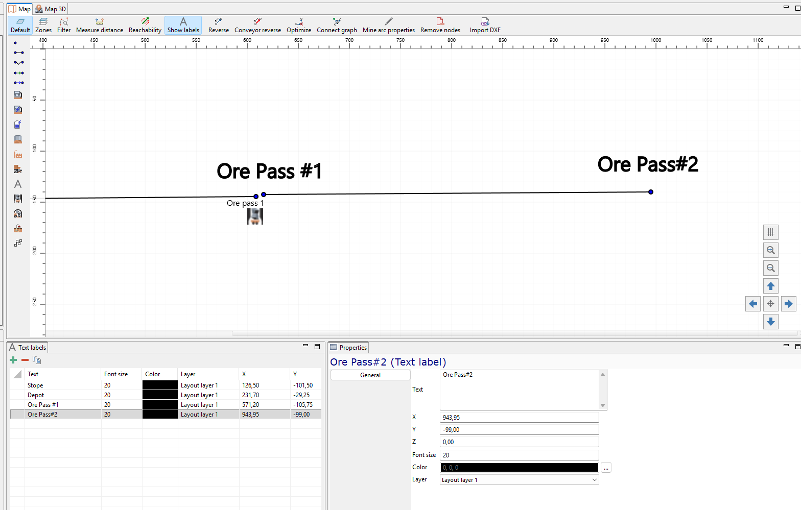Diagram showing Ore Pass #1 and Ore Pass #2 with paths, label properties, and coordinates in a technical software interface.