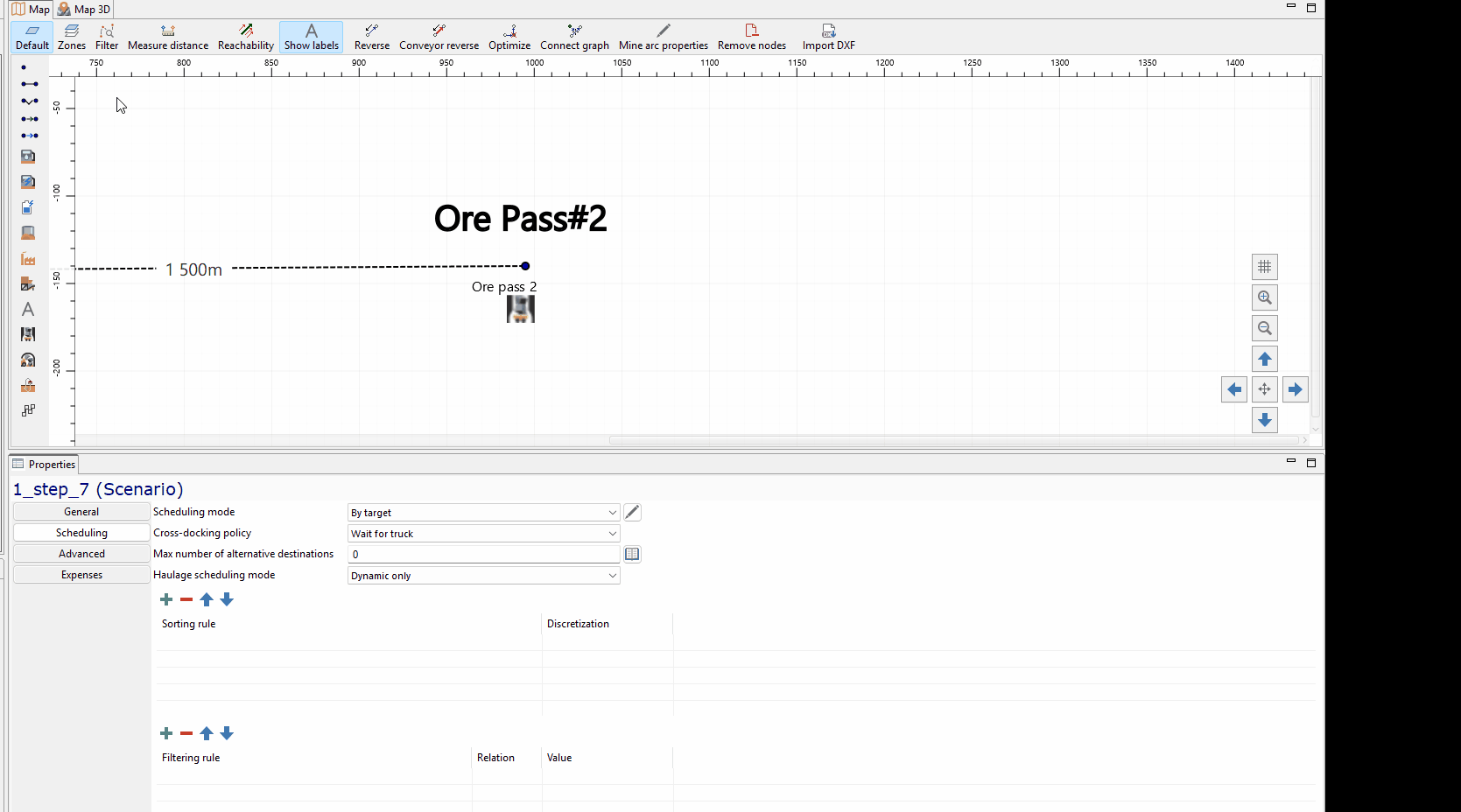 A user interface showing a diagram with "Ore Pass #2" and a grid of coordinates, where numeric values in the table change throughout the animation, reflecting updates to data entries for mine nodes.