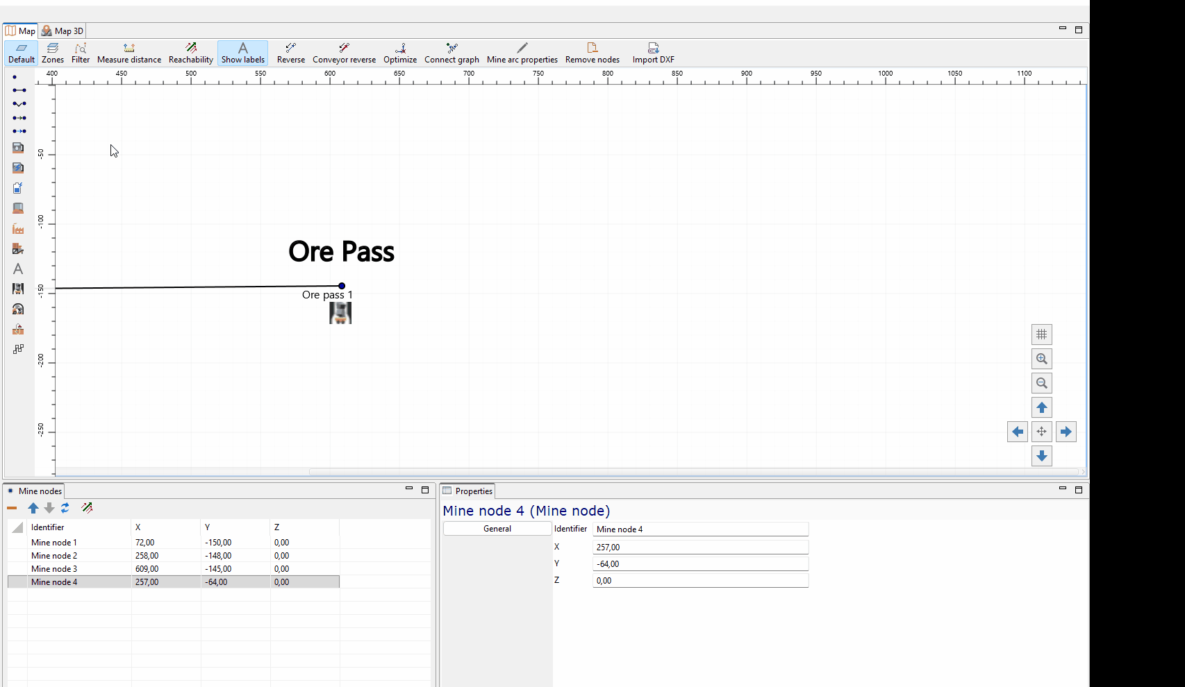 The animation shows a line being extended from a designated starting point labeled "Ore Pass" across a grid, with details of nodes and properties adjusted in the interface below.