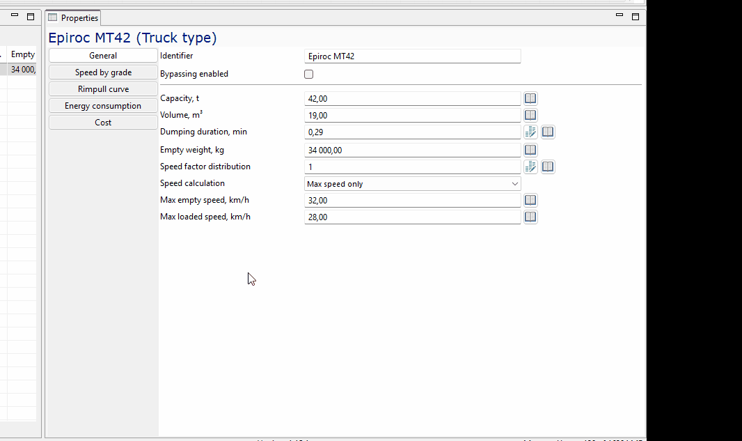 The animation shows a user navigating a software interface, switching tabs to view and edit truck speed specifications, including speed by grade, while graphs update to reflect the changes.