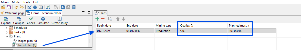 Scenario editor interface with plans, schedules, and a detailed plan table highlighted.