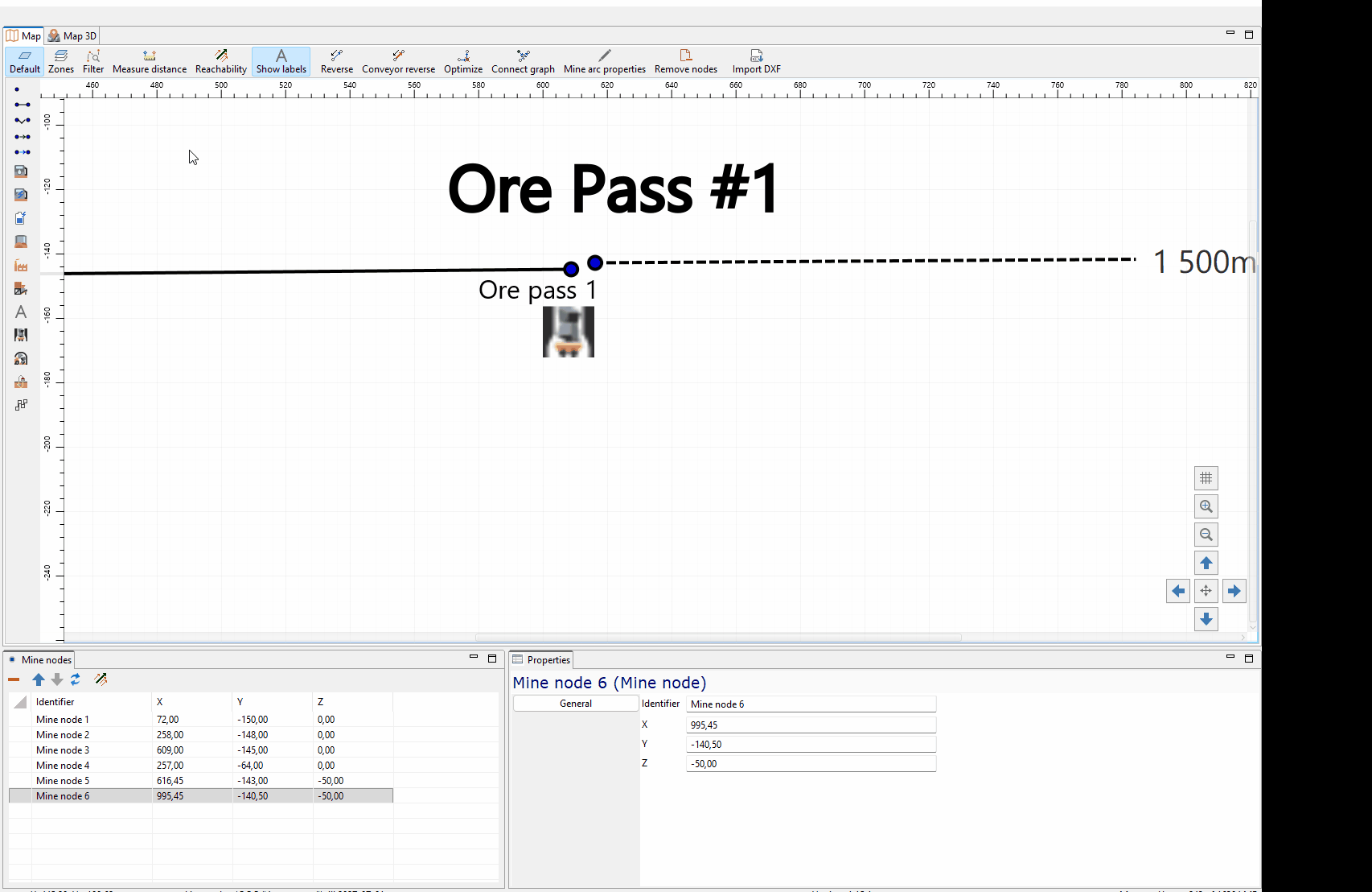 A mine layout is shown with nodes and arcs being labeled and highlighted, including "Ore Pass #1" and "Ore Pass #2," while segments and paths are adjusted and displayed within the diagram interface.