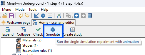 The image shows a software interface with menu options, toolbar icons, and a tooltip for the "Simulate" button.
