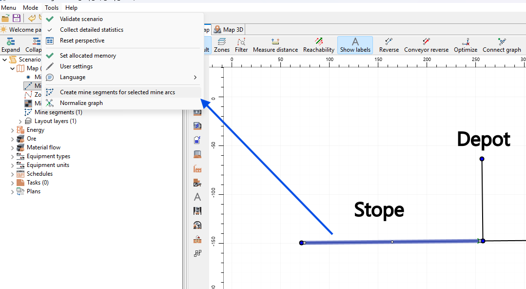 Software interface showing a menu for creating mine segments, with a graph labeled “Stope” and “Depot.”