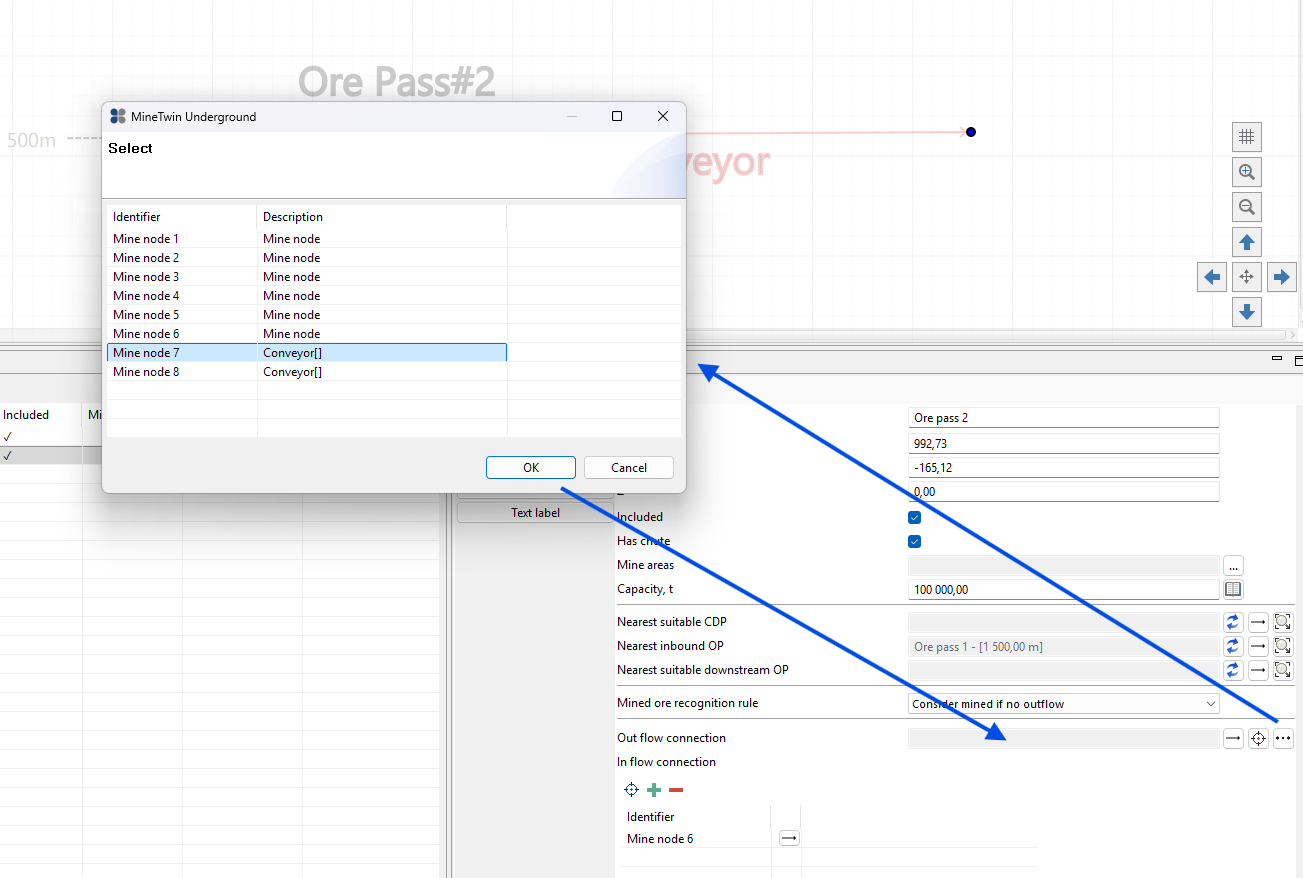 Dialog box showing mine nodes selection and details with highlighted links to connections and rules.