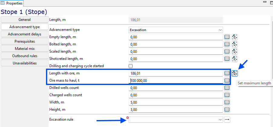 Technical interface showing stope properties: length, excavation type, ore mass, dimensions, and excavation rule settings.