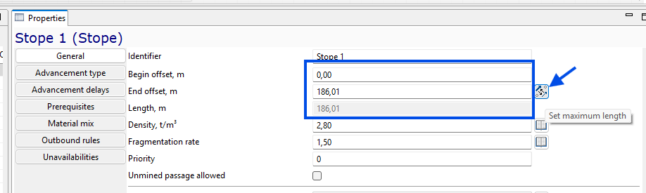 Properties window for Stope 1 with parameters for advancement, density, fragmentation, and priority settings.