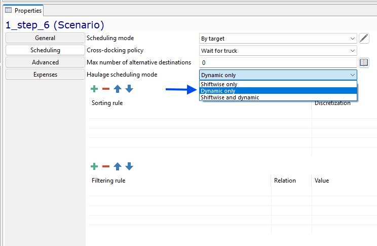 Dropdown menu in haulage scheduling mode with options: Shiftwise only, Dynamic only, Shiftwise and dynamic.