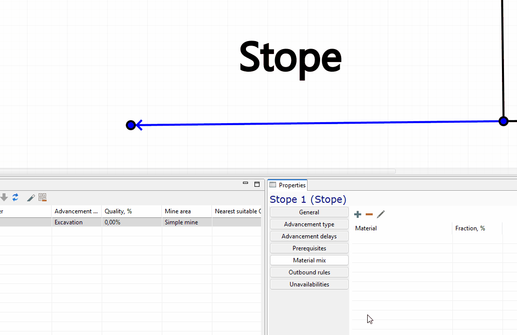 A user enters and updates material fractions for Copper and Rock in a mining software interface, displaying the changes in a properties panel.