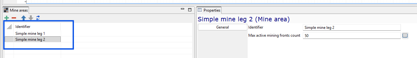 Mine areas interface showing properties for \"Simple mine leg 2\" with max active mining fronts count set to 50.