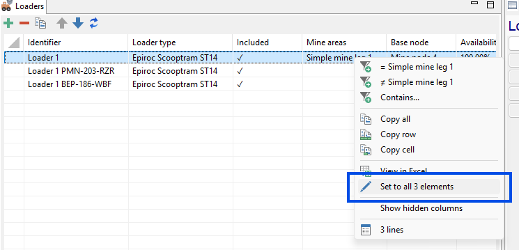 Context menu open over a table with options including \"Set to all 3 elements\" for loader configuration.