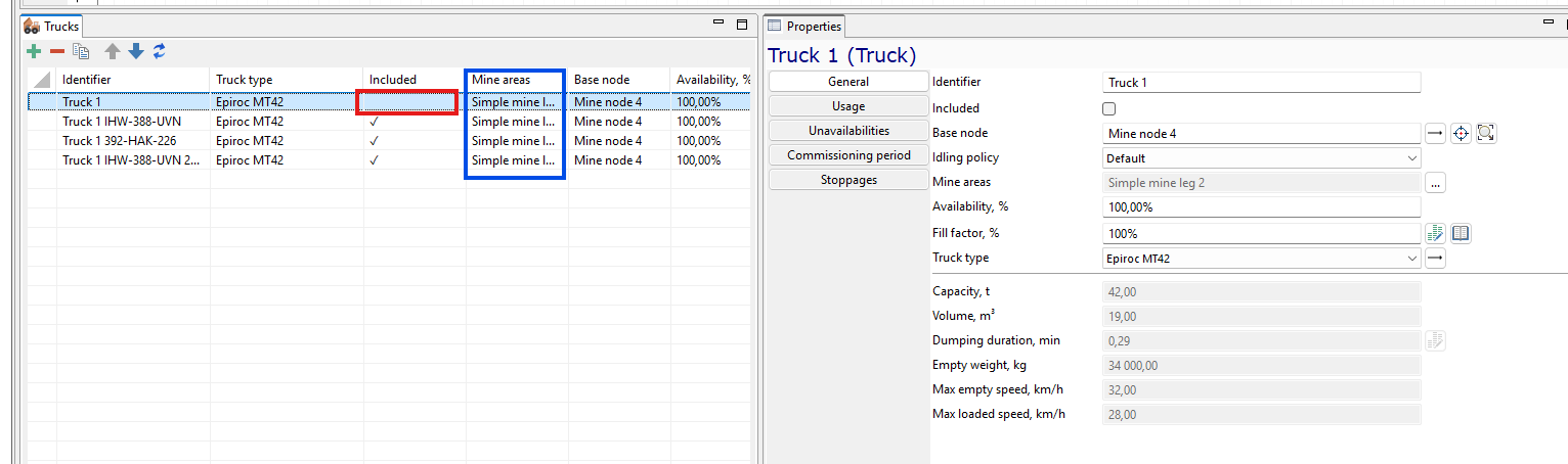 Truck configuration interface showing details like identifier, type, mine areas, and availability percentage.