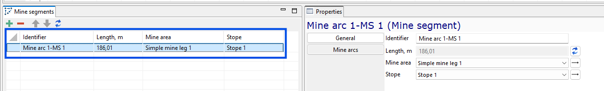 Interface showing mine segments with a table and properties panel, displaying details of "Mine arc 1-MS 1."