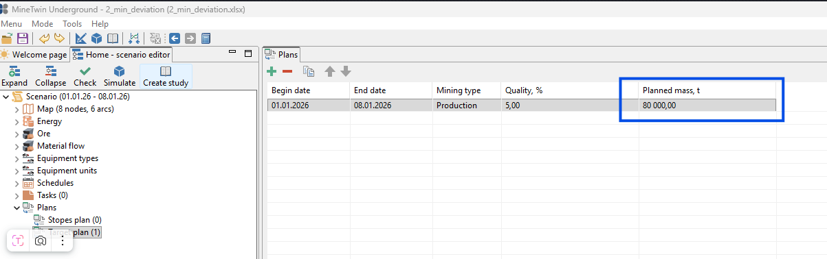 MineTwin interface displaying a scenario editor with a "Plans" table listing begin, end dates, mining type, and planned mass.