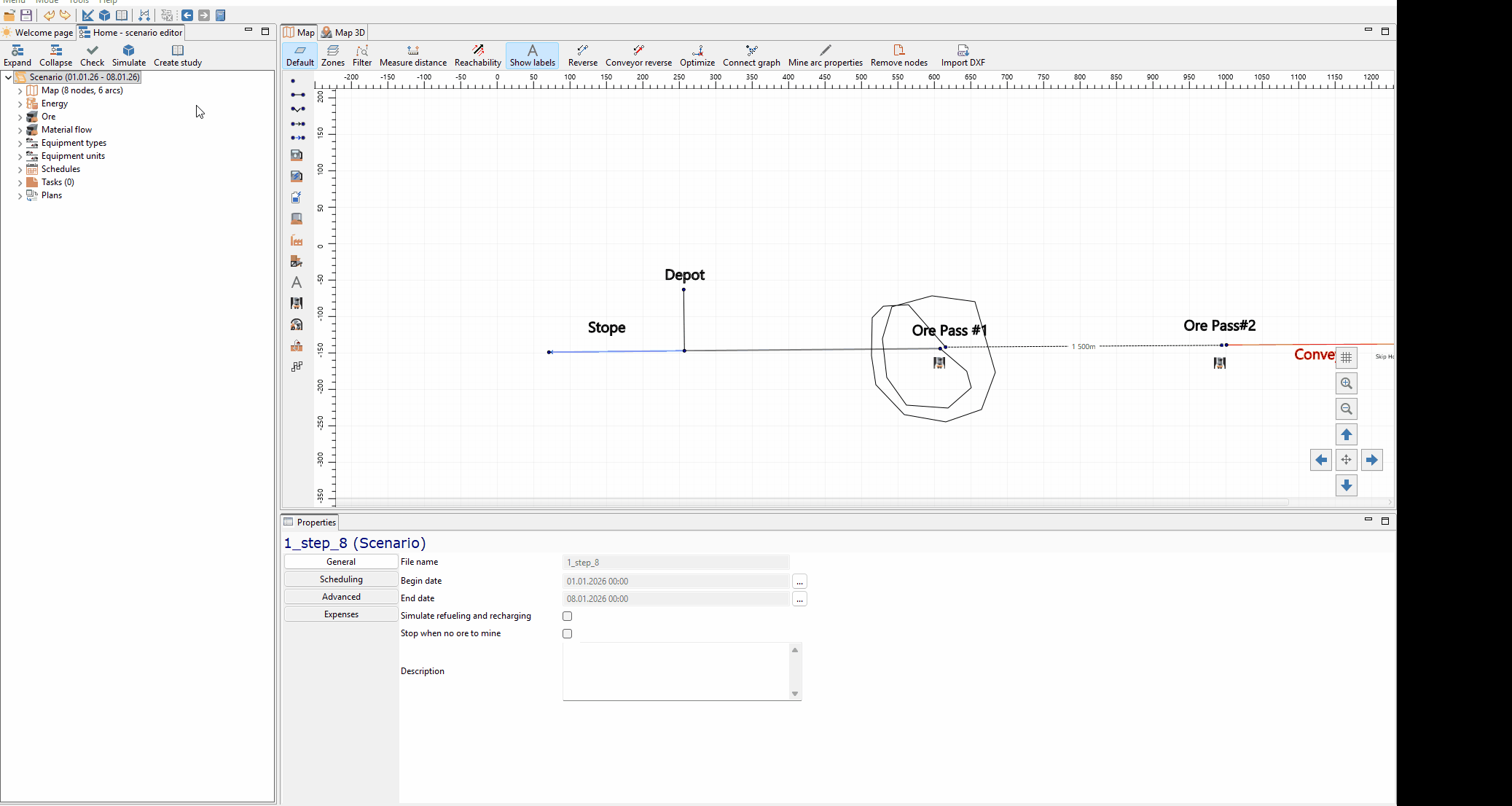 The animation shows a sequence of screens in mining simulation software, displaying scenario setup, replication list, and progress of equipment analysis, including completion percentages and performance metrics.