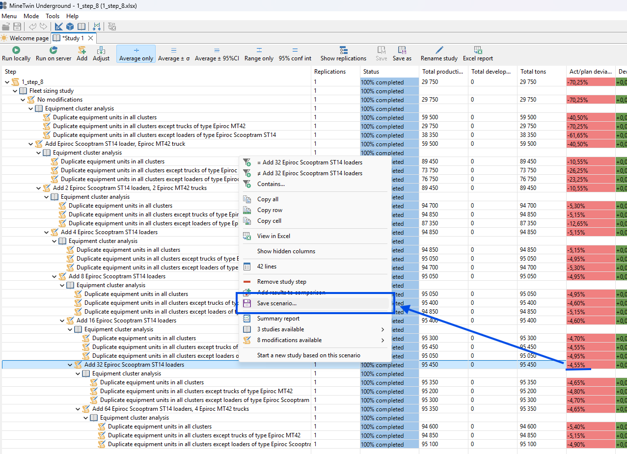 The image shows a simulation software interface with a context menu emphasizing the \"Save scenario\" option.