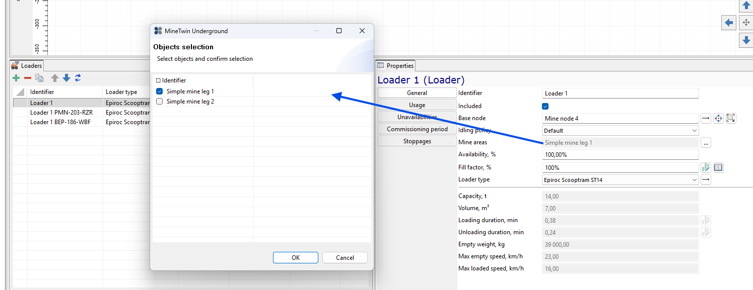 User interface showing Object Selection and Properties for Loader 1, including configuration details.