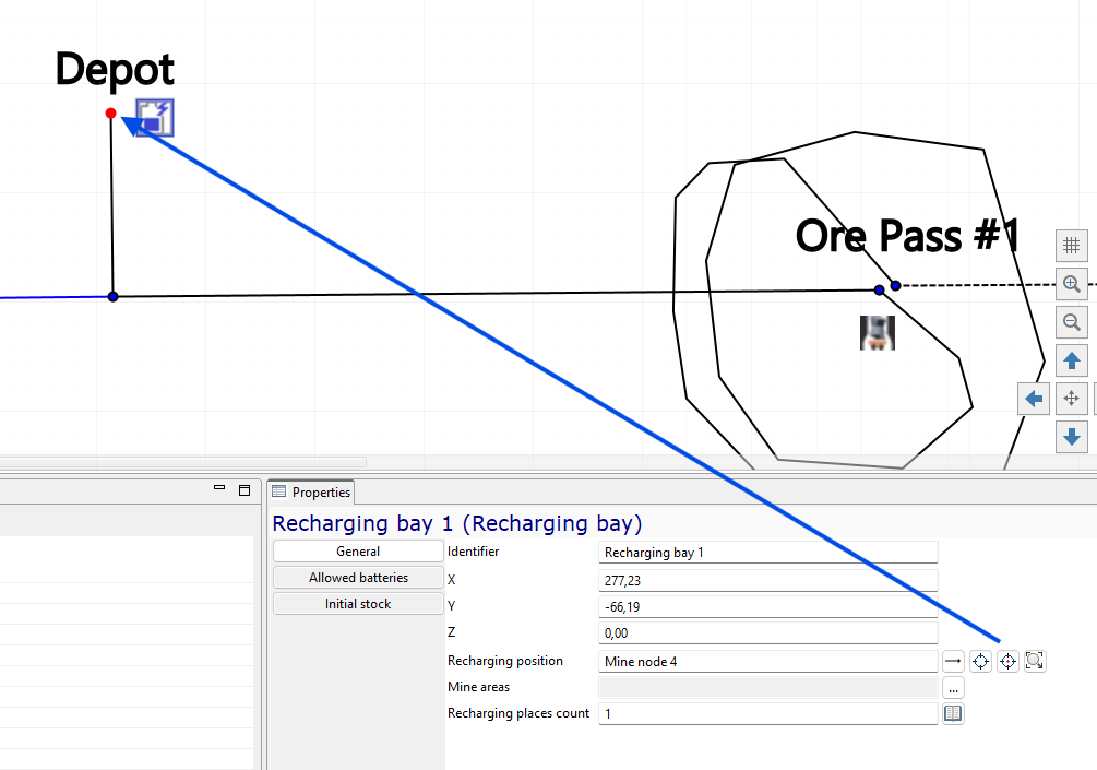 Map view showing Depot and Ore Pass, with properties panel for Recharging bay 1 detailing coordinates and settings.