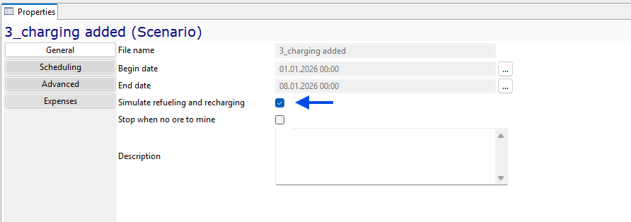 Interface with scenario details: file name, dates, checkboxes for refueling simulation, and stop conditions.